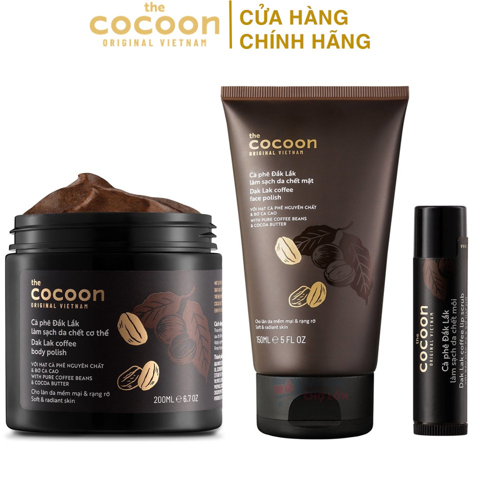 [CHÍNH HÃNG] Bộ Cà Phê Đắk Lắk Làm Sạch Da Chết Cocoon - Tẩy da chết Body 200ml - Da Mặt 150ml - Môi 5g