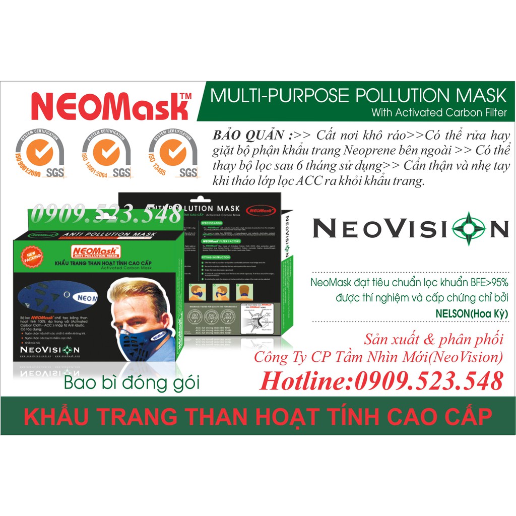 Khẩu trang Neomask, khẩu trang than hoạt tính cao cấp Neovision lọc bụi khử mùi chống không khí ô nhiễm