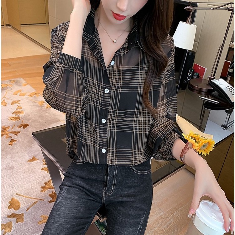 Áo sơ mi dài tay kẻ sọc caro thiết kế dáng rộng phong cách Hàn Quốc thời trang cho nữ