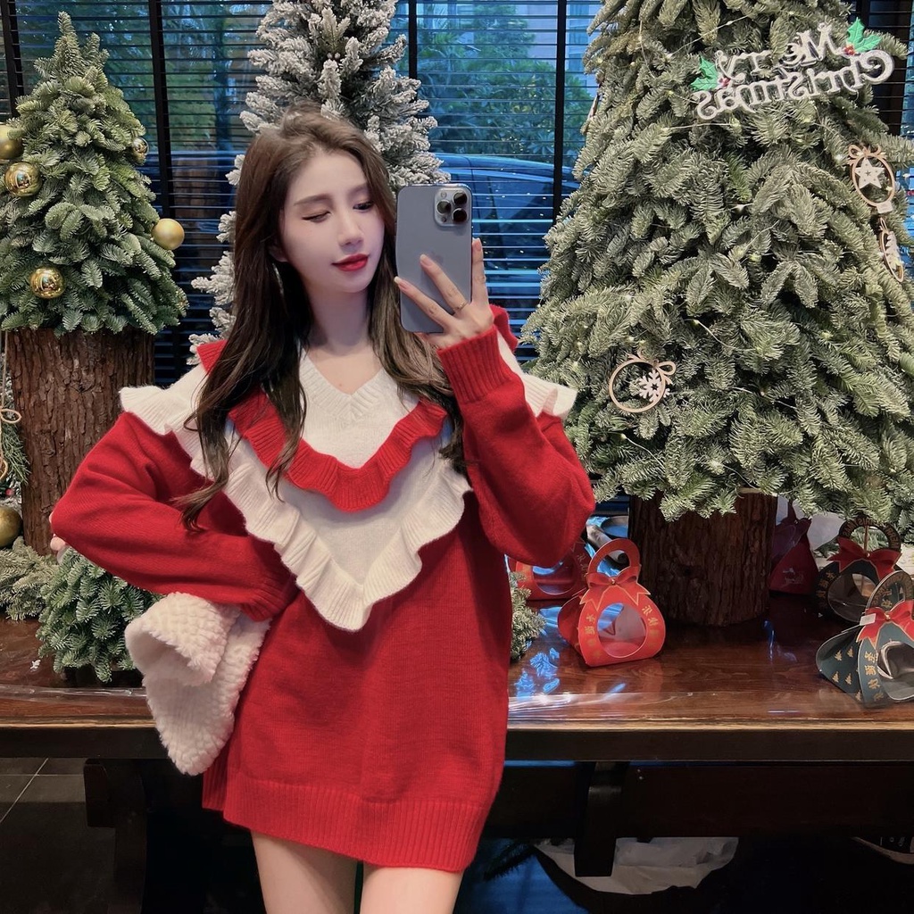 Áo Sweater Dệt Kim Phối Bèo Màu Đỏ Phong Cách Giáng Sinh Cho Nữ  tao bao
