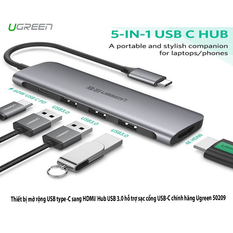 Bộ chuyển đổi USB type-C sang HDMI và Hub USB 3.0 (5 trong 1)hỗ trợ sạc cổng USB-C chính hãng Ugreen 50209