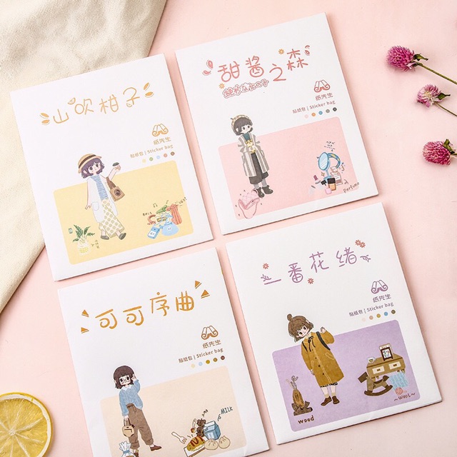 Set 8 tấm hình dán sticker cô gái ngộ nghĩnh
