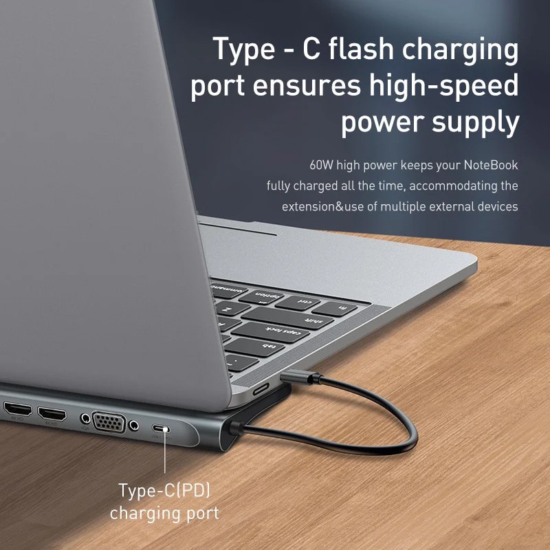 USB HUB Type C Baseus Enjoyment Series 10 in 1 USB 3.0, HDMI, TF SD , Lan, VGA, PD 60W, Jack 3.5mm cho Macbook, laptop.