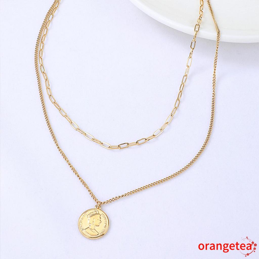 Ort- Vòng cổ Nữ Hai Lớp Mặt Hình Tròn Họa Tiết Chân Dung Tinh Tế Dành Cho Nữ