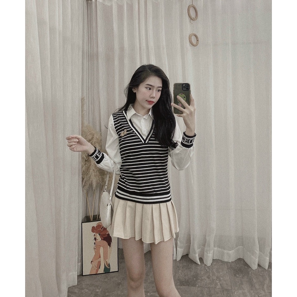 Áo gile nữ cổ V nỉ cotton kèm áo sơ mi trắng dài tay Siêu Hot