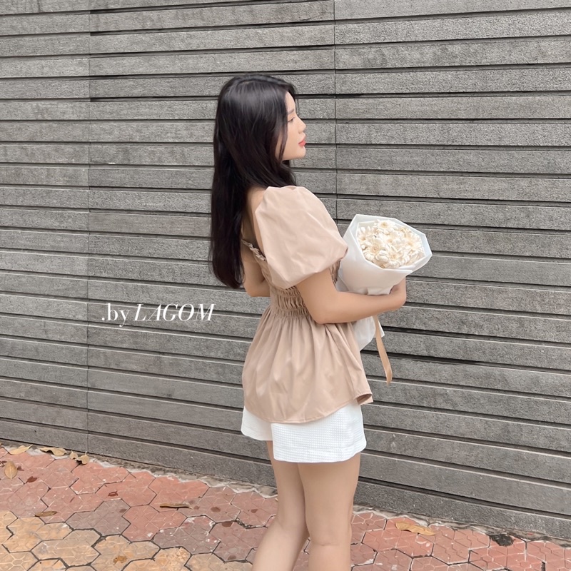 LAGOM - Áo kiểu peplum dún thân tay bồng chất kate Hàn mềm mịn không nhăn.