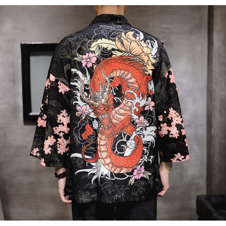 ÁO HAORI KHOÁC NGOÀI HOẠ TIẾT RỒNG ĐỎ HOA ĐÀO CÁ TÍNH A01