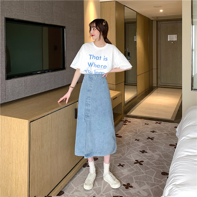 Xiaozhainv chân váy jean Chữ A Lưng Cao Xẻ Tà Phong Cách Retro Hàn Quốc | BigBuy360 - bigbuy360.vn
