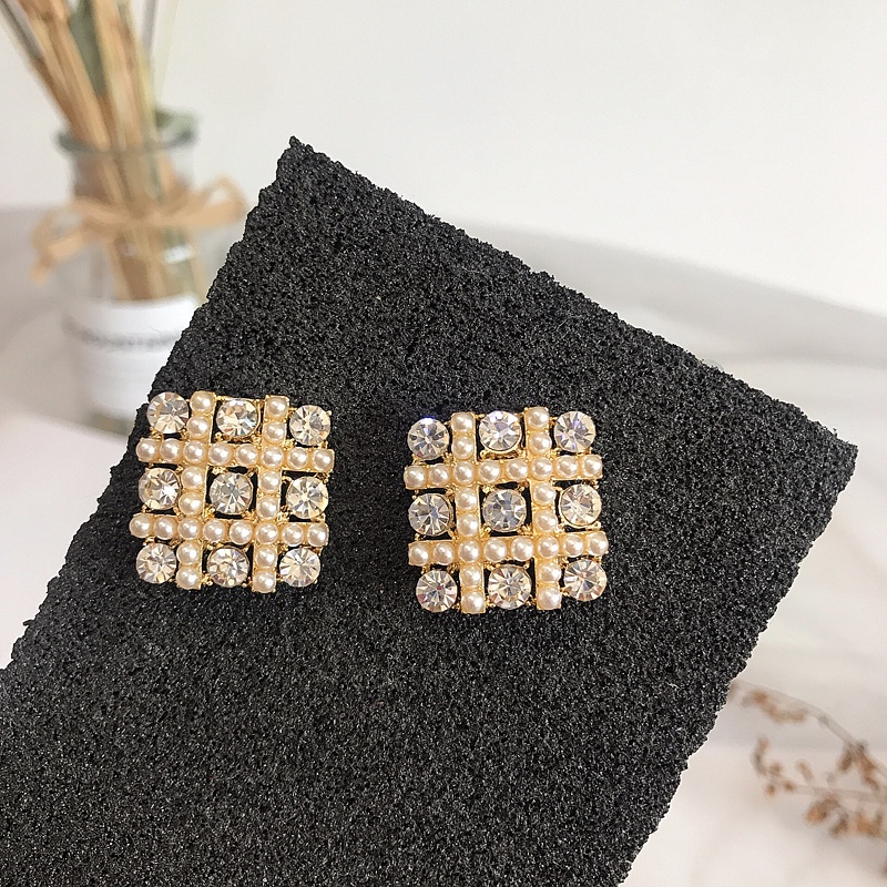 Bông Tai Mạ Bạc 925 Hình Vuông Đính Kim Cương Giả Đơn Giản