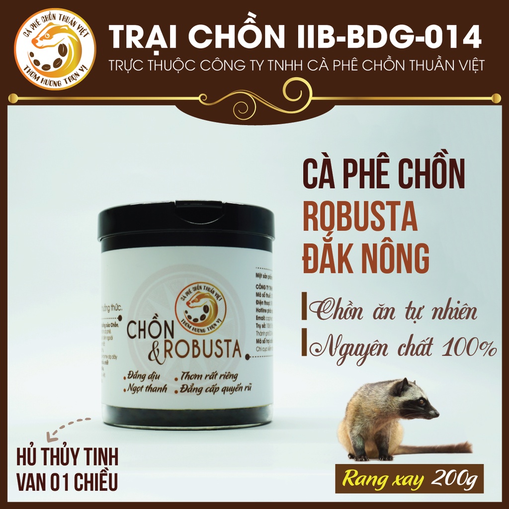 Cà phê Chồn Thuần Việt Robusta rang xay - 200g/Hũ thủy tinh van 01 chiều, nguyên chất, chính hãng.