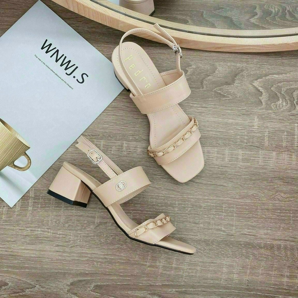 (S155) Sandal nữ gót 6 phân quai viền xích tag khuy X đá (Mã A94 - VNXK)