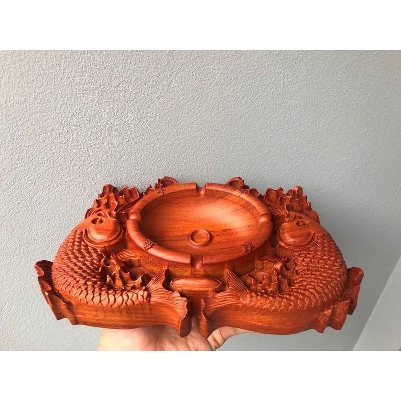 Gạt tàn nguyên khối gỗ hương chạm cá chép siêu dầy 18 x14x3cm)