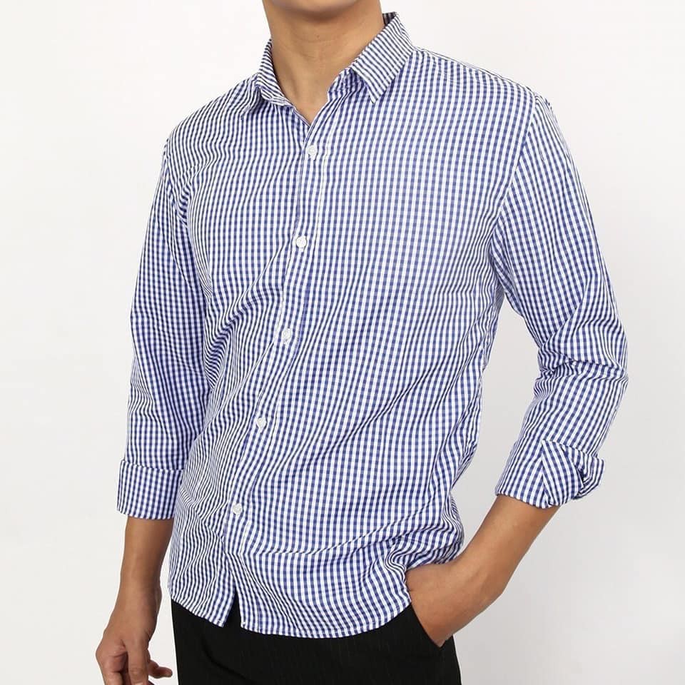 Áo Sơ Mi Nam Kẻ Caro Phong Cách Trẻ Trung Chất Liệu Cực Tốt Màu Xanh Trắng