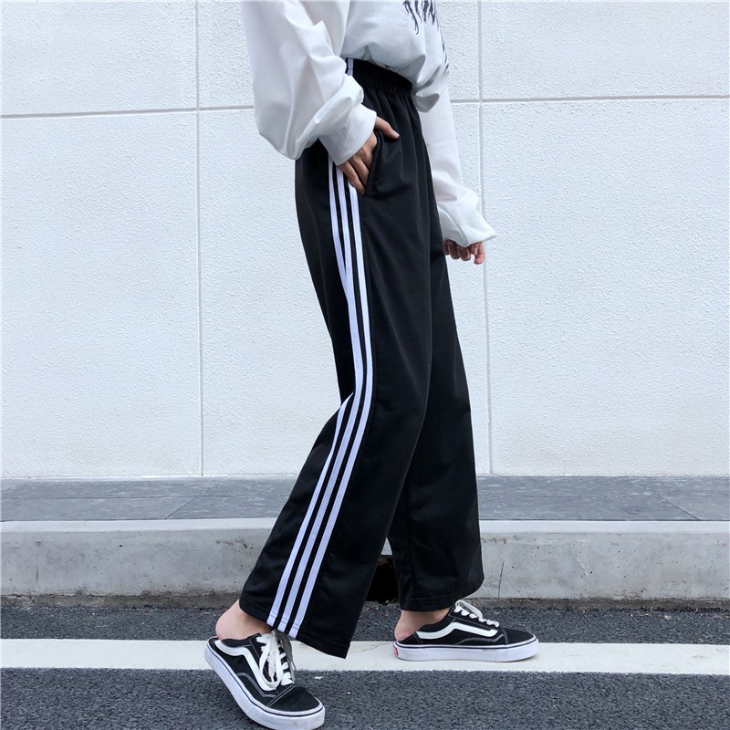 Quần Ống Rộng Unisex Nam Nữ 3 Sọc Trắng Màu Đen - Quần Culottes Ống Suông Cạp Cao