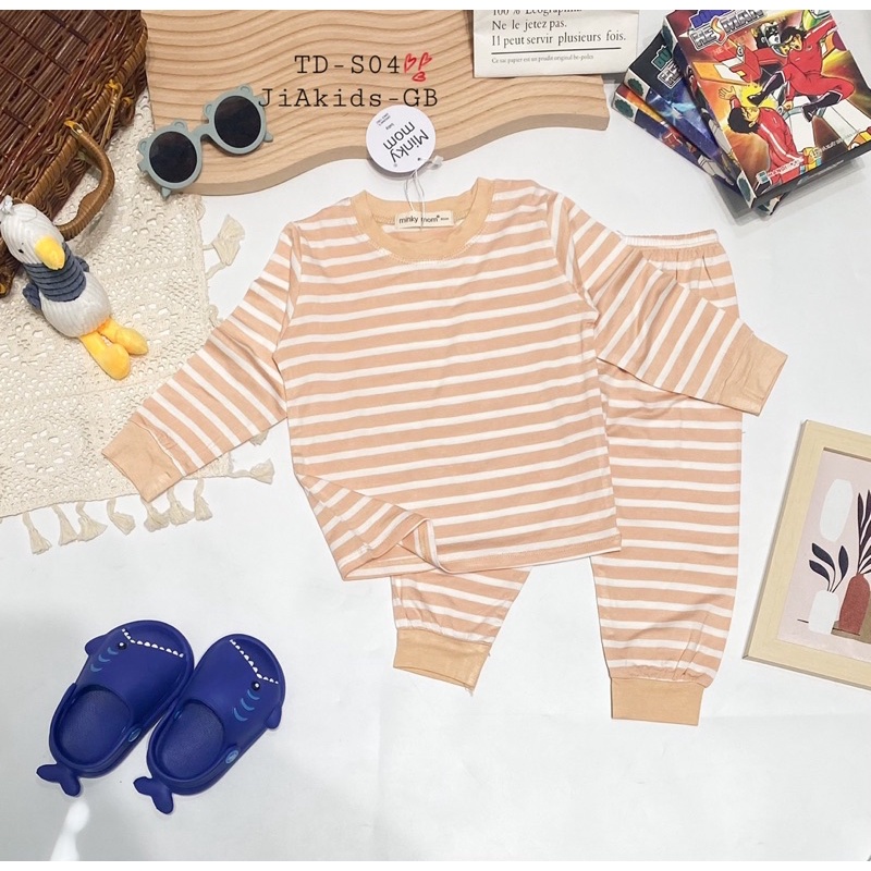 NT075 Bộ đồ dài tay thun lạnh trơn Minky Mom hoạ tiết kẻ sọc dệt cho bé