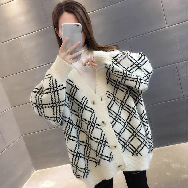 Áo khoác len cadigan, khoác len form rộng dáng dài chùm mông hoạ tiết sọc chéo hàng quảng châu freesize