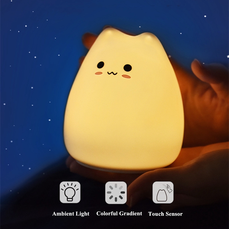 Đèn ngủ mèo dễ thương Đèn ngủ để bàn Đèn chạy pin 7 màu Silicone mềm Đèn sáng tạo Bóng đèn trượt cho đèn ngủ phòng ngủ cho bé