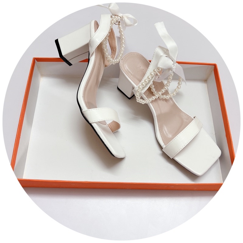 [Ảnh chụp thật] GIÀY SANDAL CAO GÓT QUAI NGANG 2 Vòng Ngọc GÓT VUÔNG 7p SANG CHẢNH