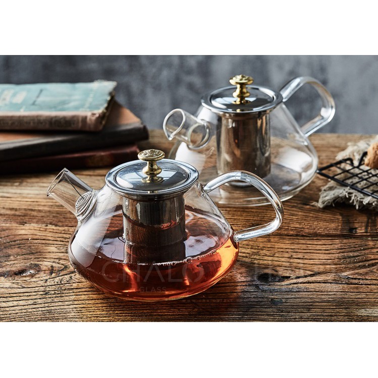 Bình trà thủy tinh chịu nhiệt dáng bầu nắp và lọc trà inox 1000ml