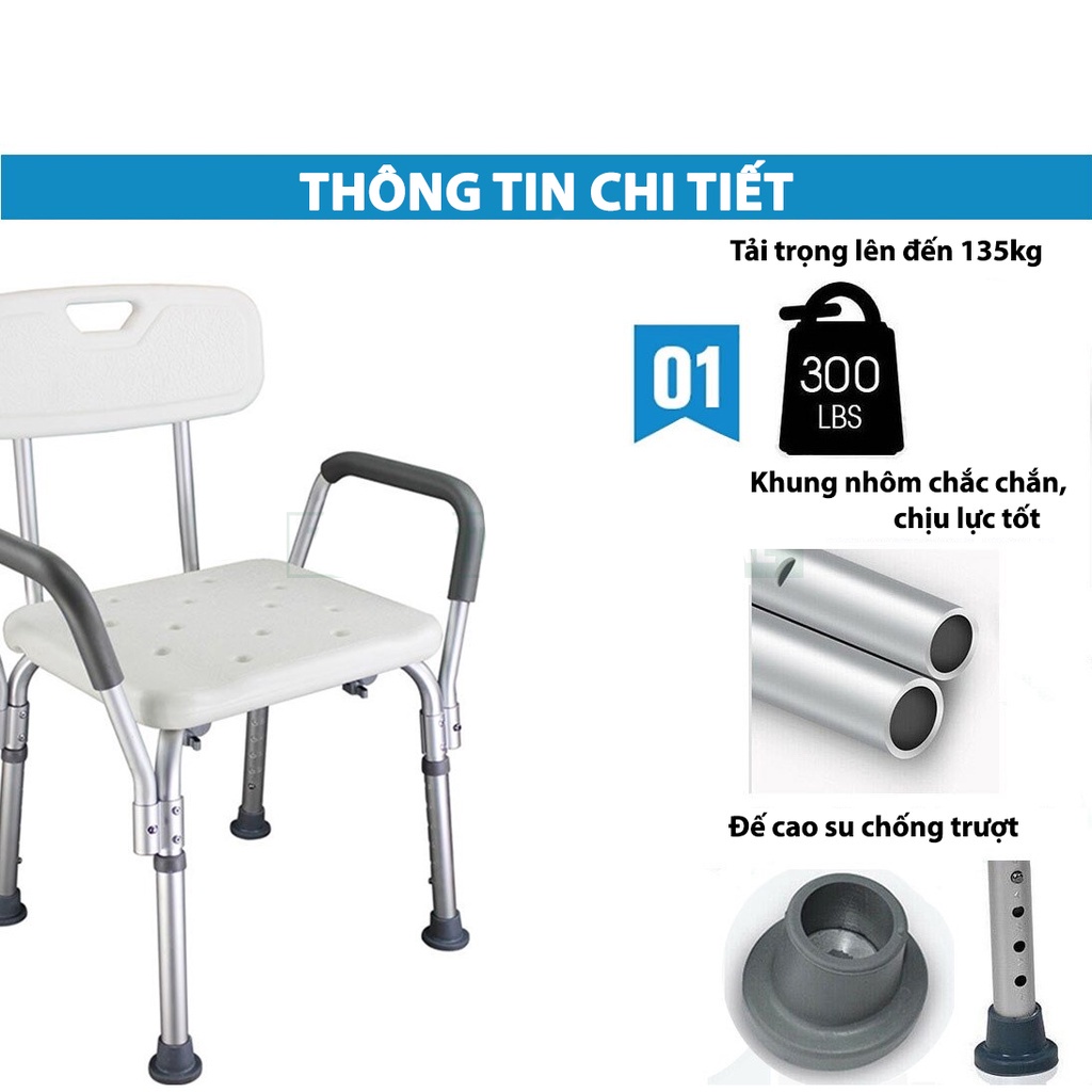 Ghế Tắm Khung Nhôm, Có Tựa Lưng, Tựa Tay, Tăng Giảm Chiều Cao Lucass SC-98TL