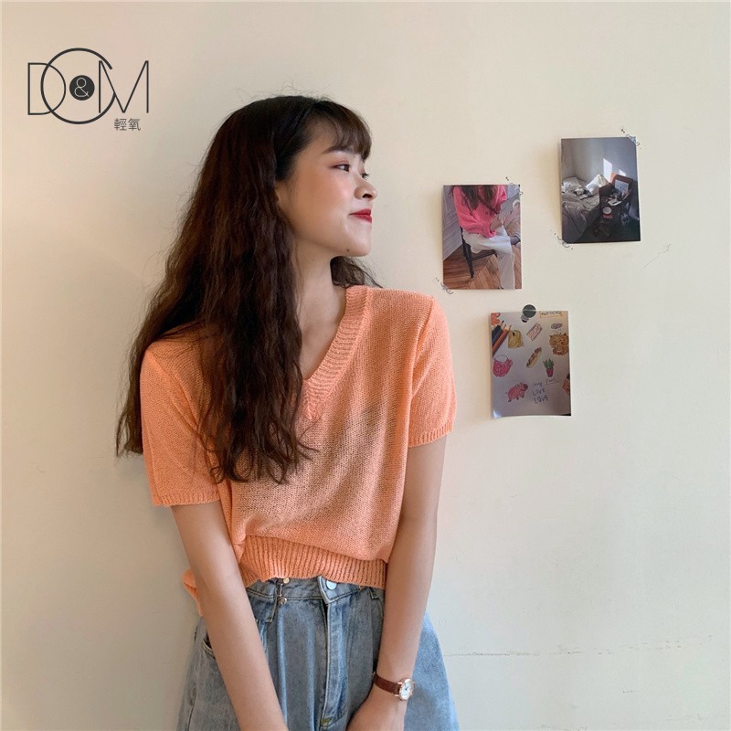 Áo Len Tay Ngắn Cổ Chữ V Màu Trơn Phong Cách Hàn Quốc | BigBuy360 - bigbuy360.vn