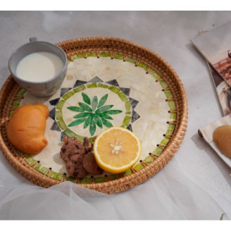 Khay TRòn Khảm trai MIX Mây tre Đan hoa văn bắt mắt