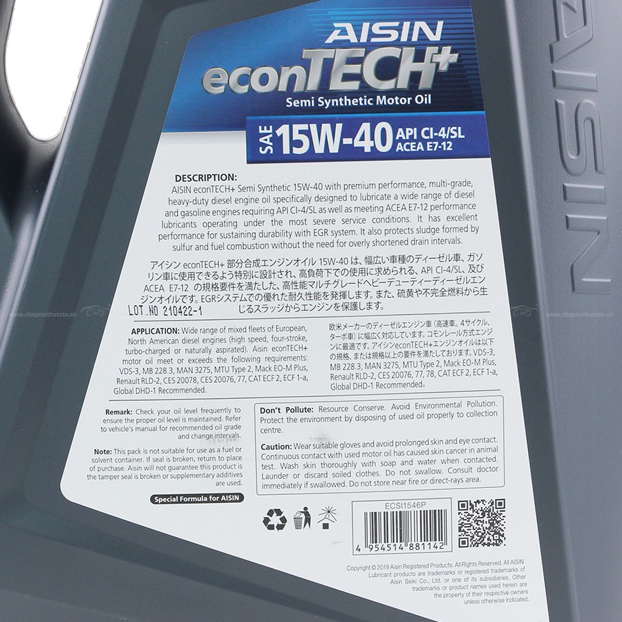 Nhớt Động Cơ AISIN ECSI1546P 15W-40 CI4 / SL Econtech+ Semi Synthetic 6L - Nhập Khẩu Chính Hãng