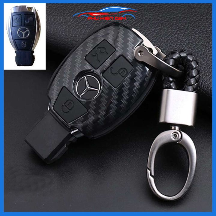 Ốp vỏ bọc chìa khóa xe Mercedes-BENZ sợi nhựa cacbon kèm móc treo Inox