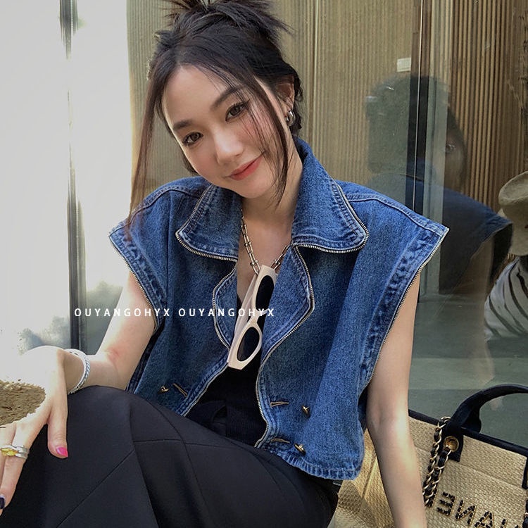 Áo Khoác Denim Không Tay Dáng Rộng Có Khóa Kéo Phong Cách Thời Trang Retro Mỹ Hàng Mới 2022