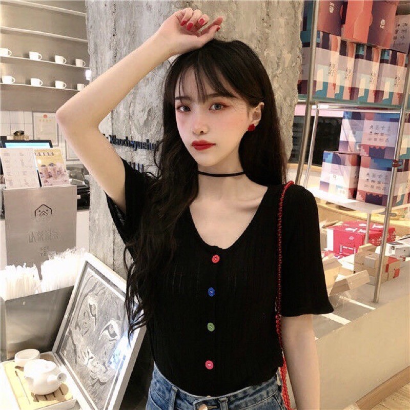 Áo Croptop Ulzzang trơn body cuốn biên đính cúc màu