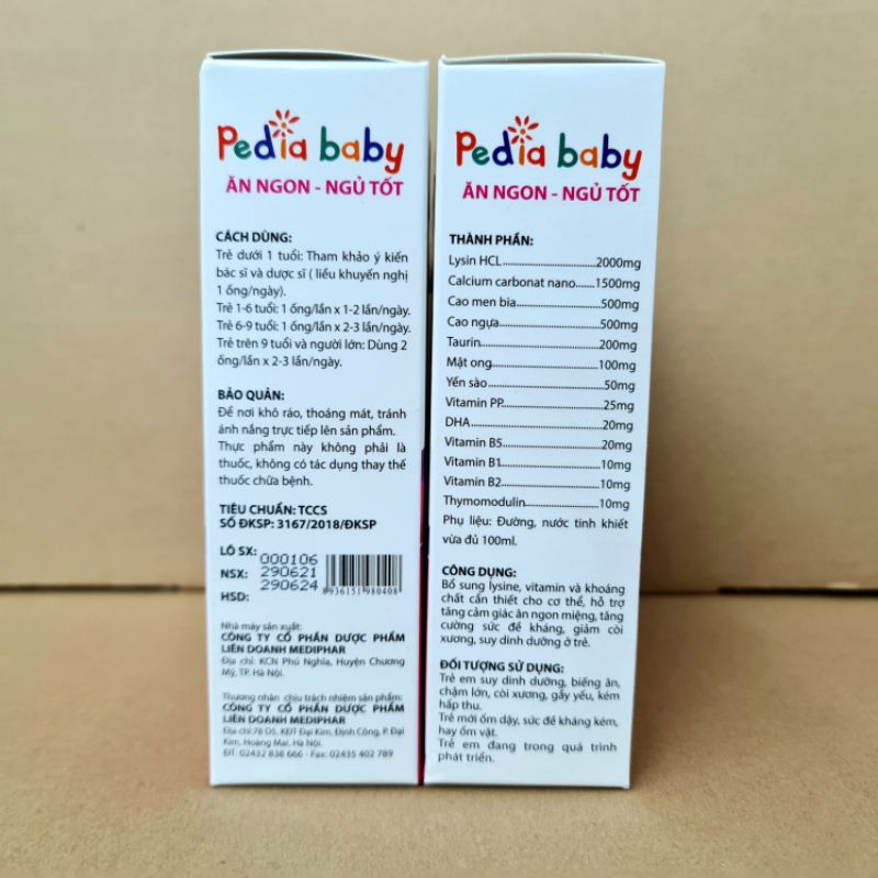 Siro Pediababy ăn ngon ngủ tốt hỗ trợ tăng cảm giác ăn ngon miệng, tăng cường sức đề kháng cho bé - Hộp 20 ống