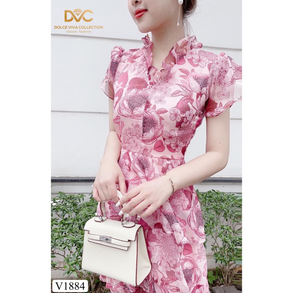Váy hồng hoa xòe xếp tầng V1884  - Đẹp Shop DVC - Kèm ảnh thật trải sàn do shop tự chụp