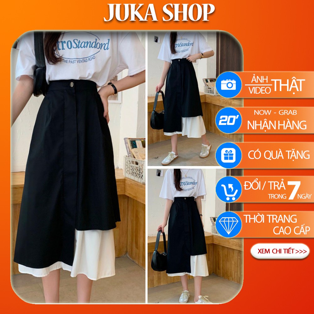 Chân váy dài ulzzang xòe vạt lệch phối đen trắng-Chân váy tầng phong cách hàn quốc CV09 Juka Shop | BigBuy360 - bigbuy360.vn