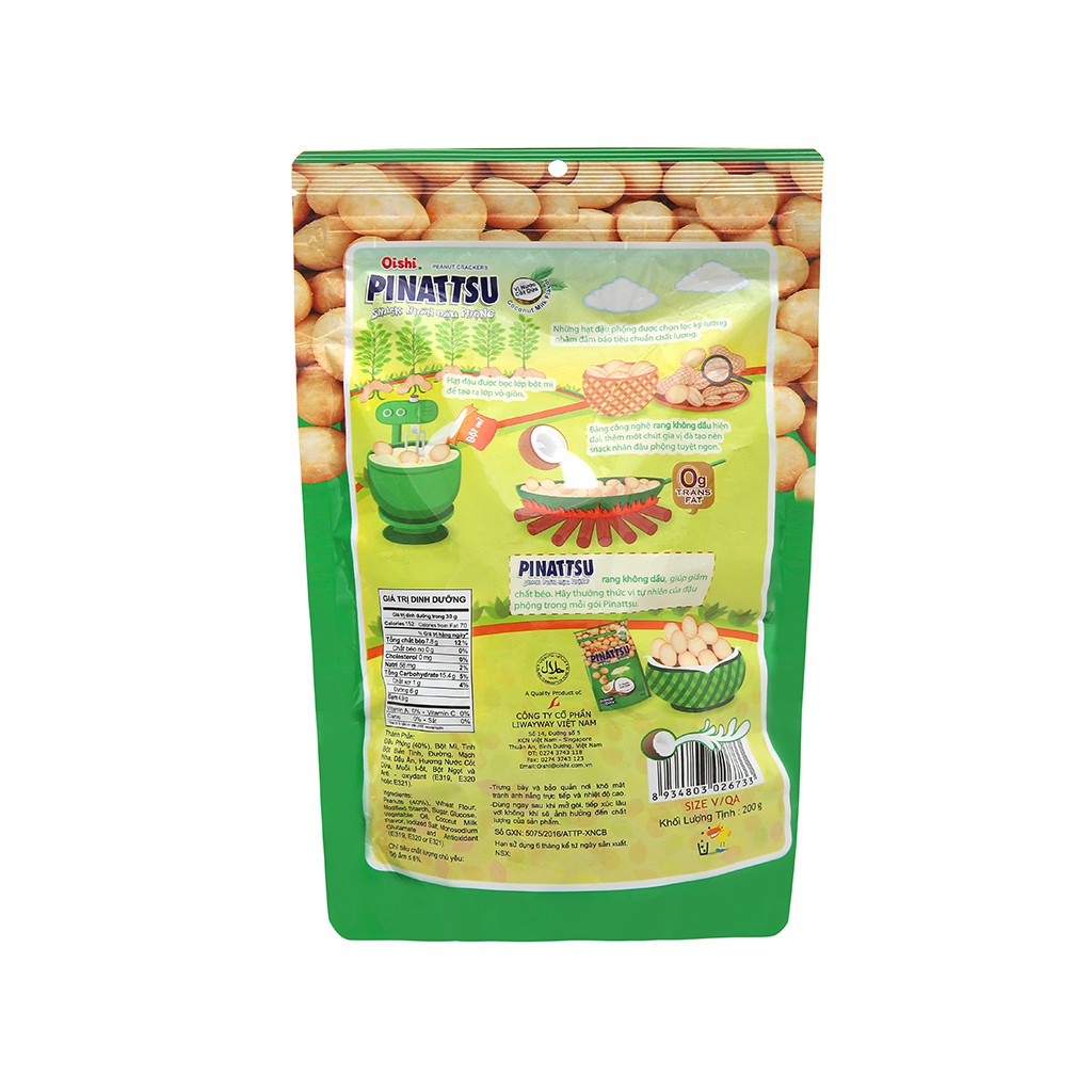Snack nhân đậu phộng vị nước cốt dừa Pinattsu Oishi gói 200g