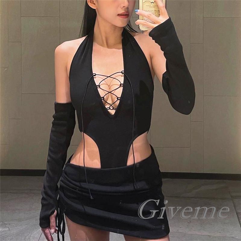 G GIVEME Bộ Áo Liền Quần Cổ Chữ V Khoét Rỗng Buộc Dây Phối Chân Váy Xếp Nếp Tay Ngón Cái Cho Nữ