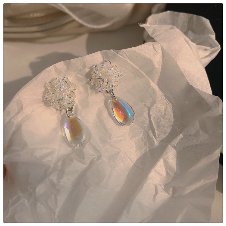 Bông Tai Mạ Bạc 925 Hình Giọt Nước Trong Suốt Họa Tiết Hoa Thời Trang