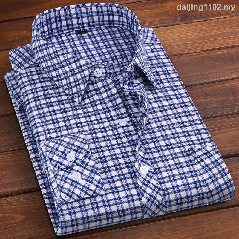 【Hàng Có Sẵn】[Áo Sơ Mi cotton Mỏng Tay Dài Không Sắt Kích Thước Lớn Kẻ Sọc Caro Trẻ Trung Mặc Thường Ngày Mùa Xuân Và Hè Cho Nam Lớn Tuổi