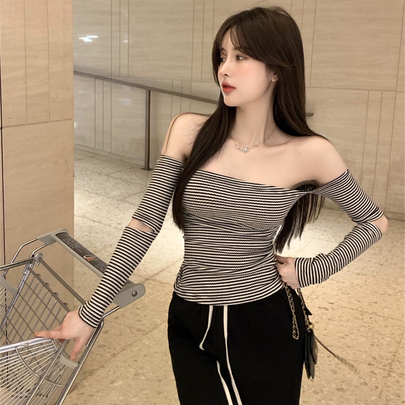 Áo Thun Tay Dài Trễ Vai Kẻ Sọc Thời Trang Mùa Hè Quyến Rũ Dễ Phối Đồ Cho Nữ