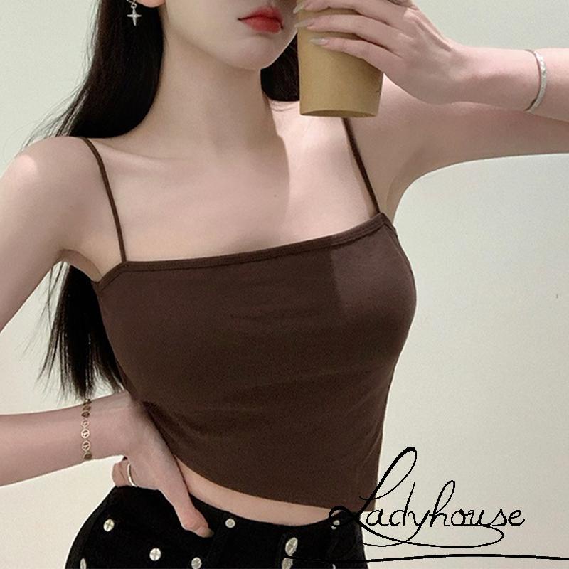 Áo hai dây ngắn màu trơn có đệm ngực màu trắng/đen sành điệu thời trang mùa hè