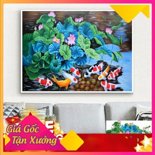 100x55CM TRANH THÊU CHỮ THẬP CỬU NGƯ QUẦN HỘI TRANH CHƯA THÊU CÁ CHÉP HOA SEN LV3043