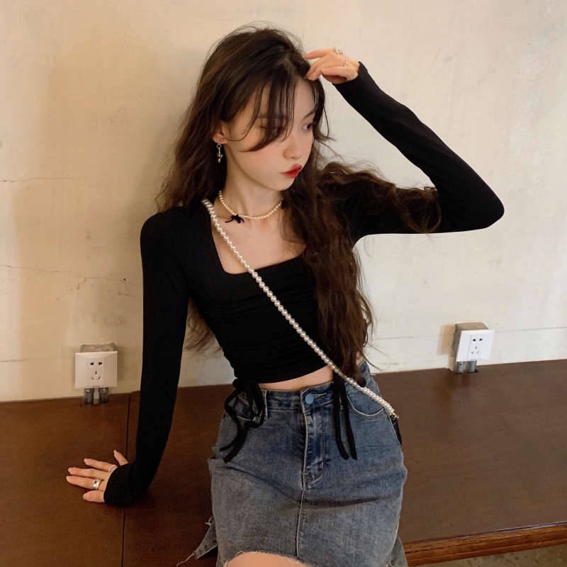 Áo Croptop Tay Dài Cổ Vuông Phối Dây Rút Thời Trang Quyến Rũ Cao Cấp