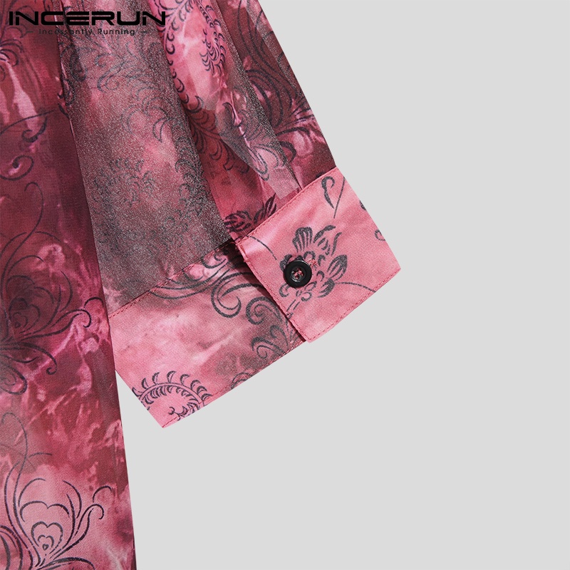 INCERUN Áo Lưới Tay Dài In Họa Tiết Có Nút Gài Thời Trang Đi Biển Cho Nam