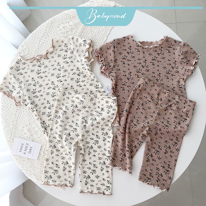Bộ đồ ngủ BABEPROUD áo tay ngắn và quần short vải cotton in hoa thời trang Hàn Quốc cho bé gái 0-7 tuổi