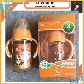 Bình sữa toom cổ rộng 180ml, 260ml có tay cầm, quai cầm cho bé, nhựa ppsu an toàn, chính hãng