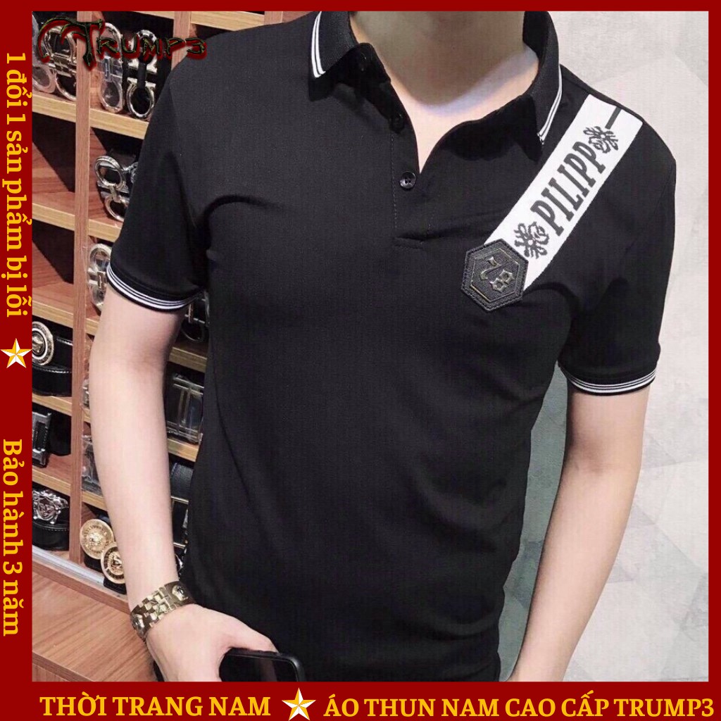 Áo Thun Nam Có Cổ 💝FREESHIP50K💝 Tay Ngắn Phối Họa Tiết Xéo In Chữ PILIP Cực Đẹp TRUMP3