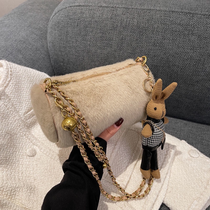 Túi đeo vai cỡ nhỏ IELGY vải lông phối dây xích thời trang cho nữ