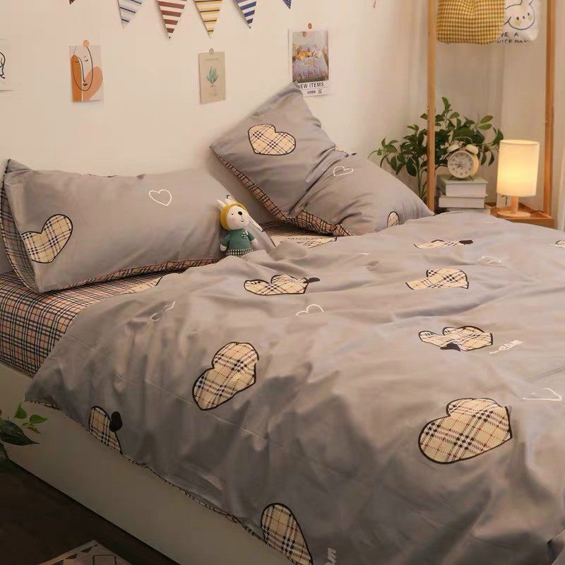 Bộ chăn ga gối cotton poly Lidaco decor phòng ngủ vintage - Tim Xanh ghi ( SP001350 )
