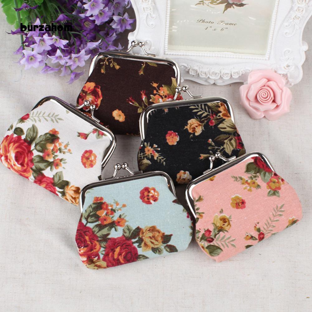 Ví nhỏ đựng tiền xu bằng vải canvas in họa tiết hoa phong cách vintage xinh xắn cho nữ