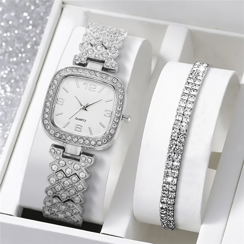 Set 2 Đồng Hồ Đeo Tay Mặt Vuông Bằng Thép Không Gỉ Đính Đá Thời Trang Cho Nữ
