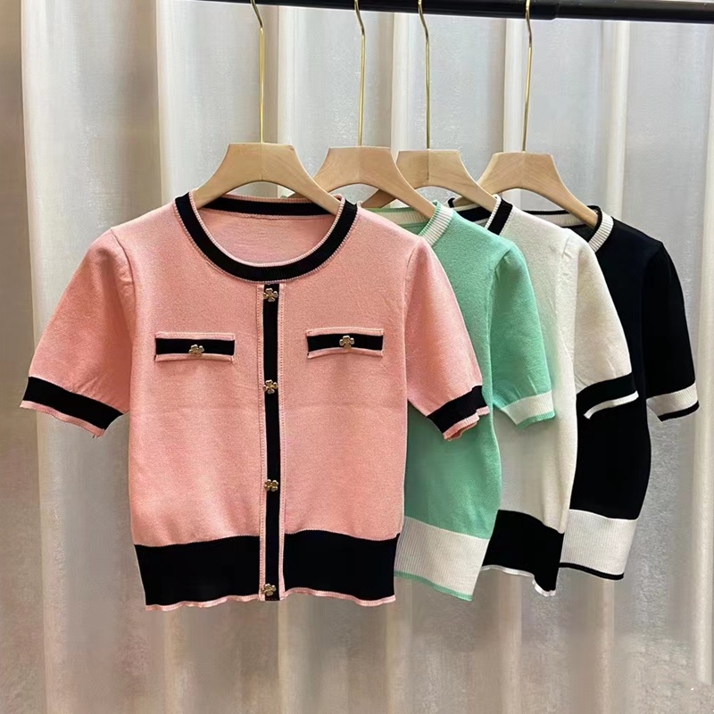 SUXI Áo Thun Dệt Kim Tay Ngắn Cổ Tròn Màu Sắc Tương Phản Phong Cách Vintage Dành Cho Nữ